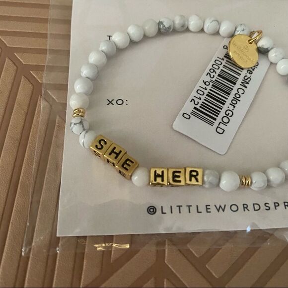 Little Words Project Bracelet She Her Stretch Beaded Gold Marble Neutral Casual - Picture 4 of 6